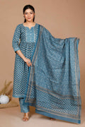 Miravan Women's Blue Ethnic Motifs Printed Gotta Patti Cotton Kurta With Palazzo & Dupatta | Grocsy