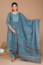 Miravan Women's Blue Ethnic Motifs Printed Gotta Patti Cotton Kurta With Palazzo & Dupatta | Grocsy