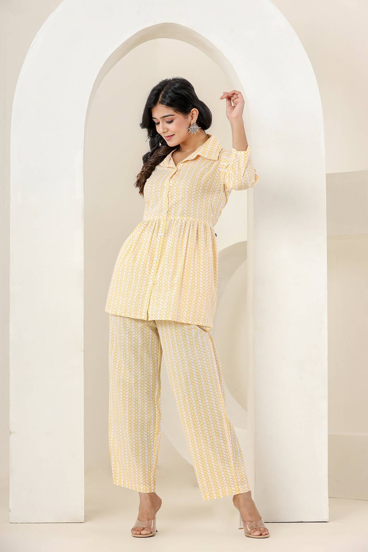 Kaajh Women's Yellow Printed Cotton Co-ord Set | Grocsy