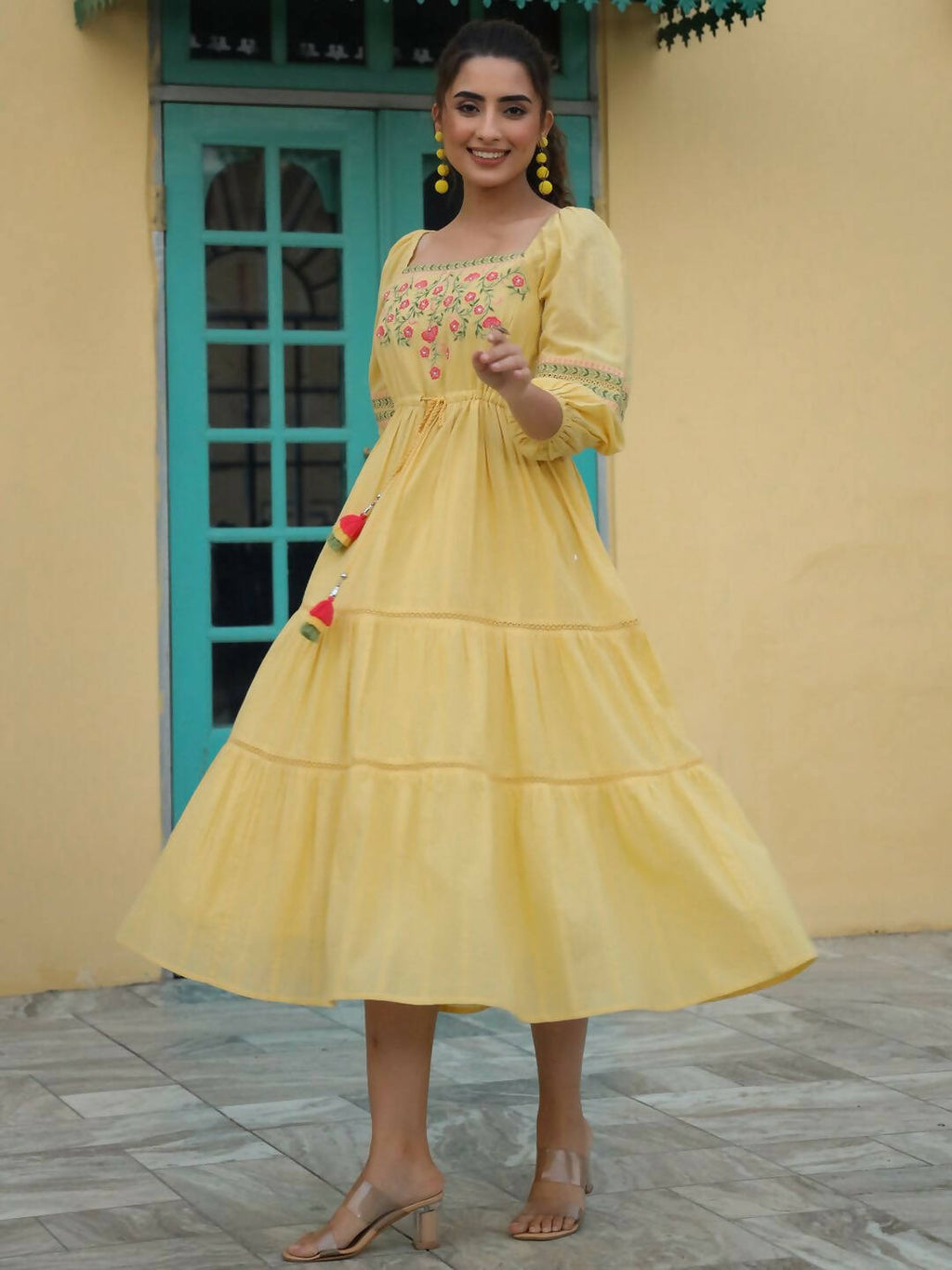 Juniper Women's Yellow Cotton Dobby Embroidered Flared Dress | Grocsy