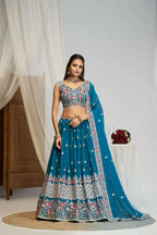 Teal Blue Georgette Thread Sequence Embroidery Work Lehnga Choli - Jihu Culture | Grocsy