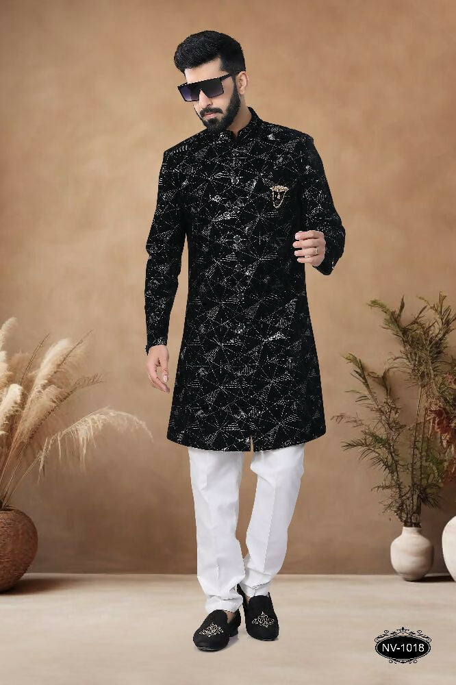 Joban Fashion Men's Black Straight Velvet Thread & Sequence Embroidery All Over Indo-Western Kurta Set | Grocsy