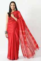 Mominos Fashion Moeza Red Bhagalpuri Handloom 8 Line Ghichha Silk Saree with unstitched Blouse piece | Grocsy