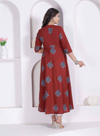 Miravan Womens Rust Floral Printed Pure Cotton Gota Patti Angrakha Kurta | Grocsy