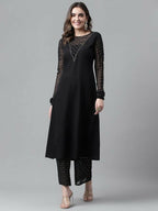 FIORRA Women's Black Poly Crepe A-Line Kurta Set | Grocsy