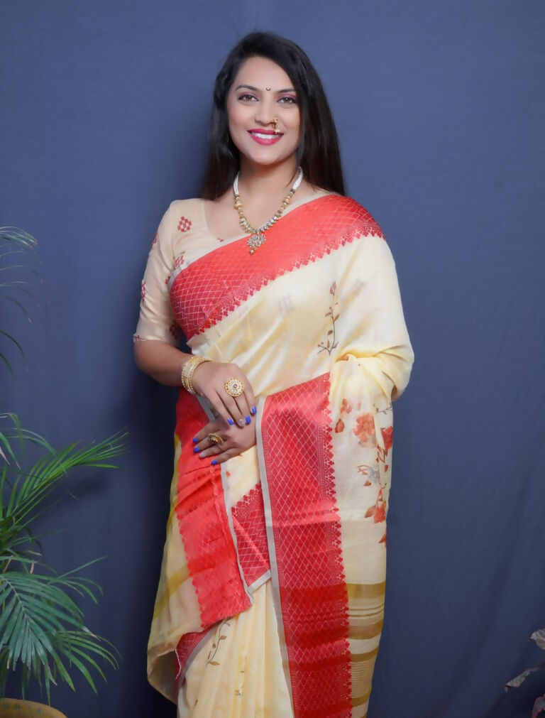 Jyoti Fashion Women's Red Linen Silk Digital Print with Jacquard Woven Border Saree with Blouse | Grocsy