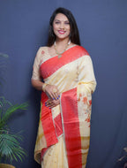 Jyoti Fashion Women's Red Linen Silk Digital Print with Jacquard Woven Border Saree with Blouse | Grocsy