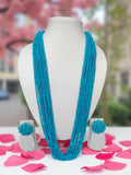Inhanns Rangsaaz 20-Layer Luxe Long Beaded Necklace (With Optional Statement Earrings) - Sky Blue With Earring | Grocsy