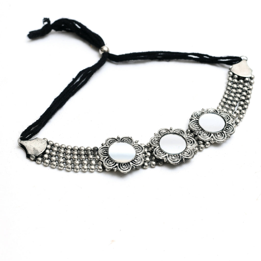 Mominos Fashion Johar Kamal Oxidised Silver-Plated Mirror Design Necklace Choker Set For Women | Grocsy