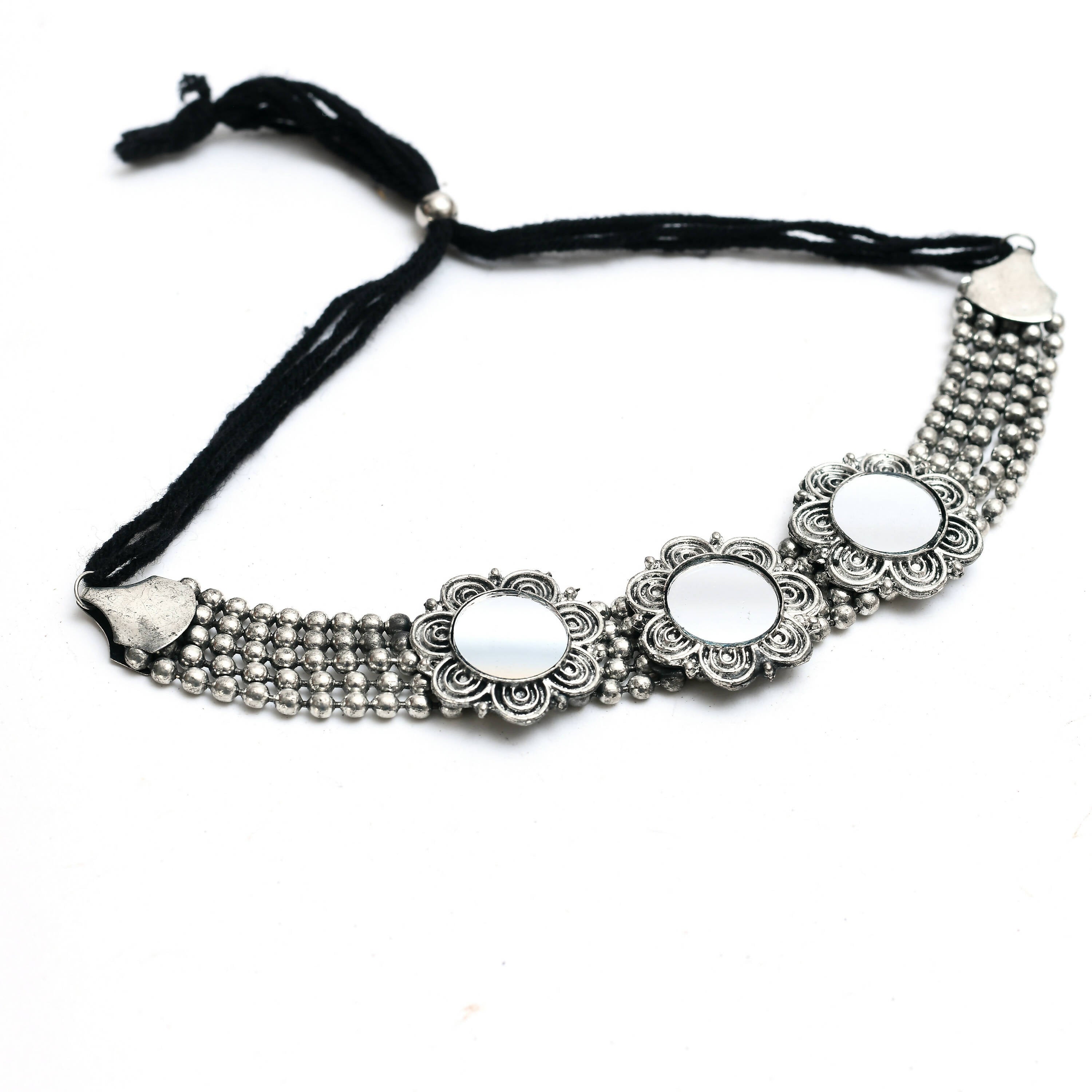 Mominos Fashion Johar Kamal Oxidised Silver-Plated Mirror Design Necklace Choker Set For Women | Grocsy