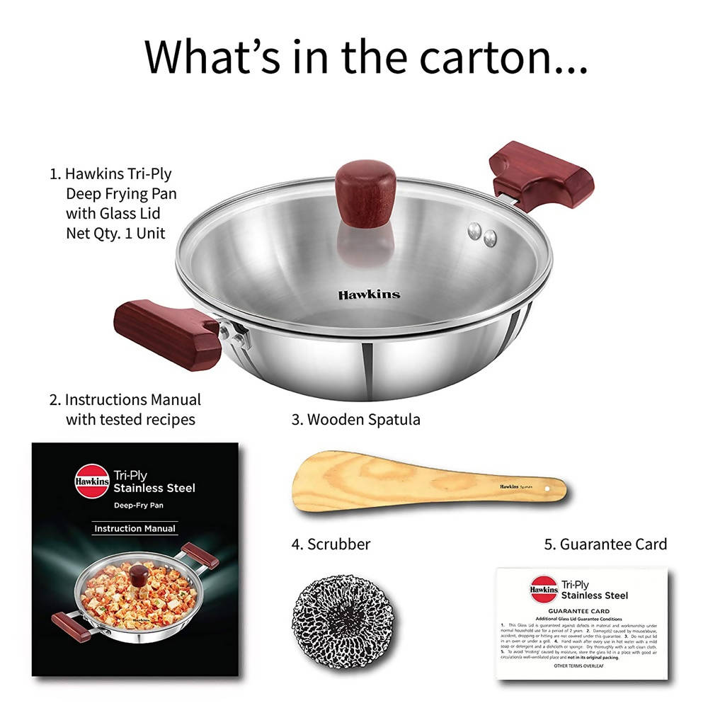 Hawkins Tri-Ply Stainless Steel Deep-Fry Pan with Glass Lid Silver (SSD15G) | Grocsy