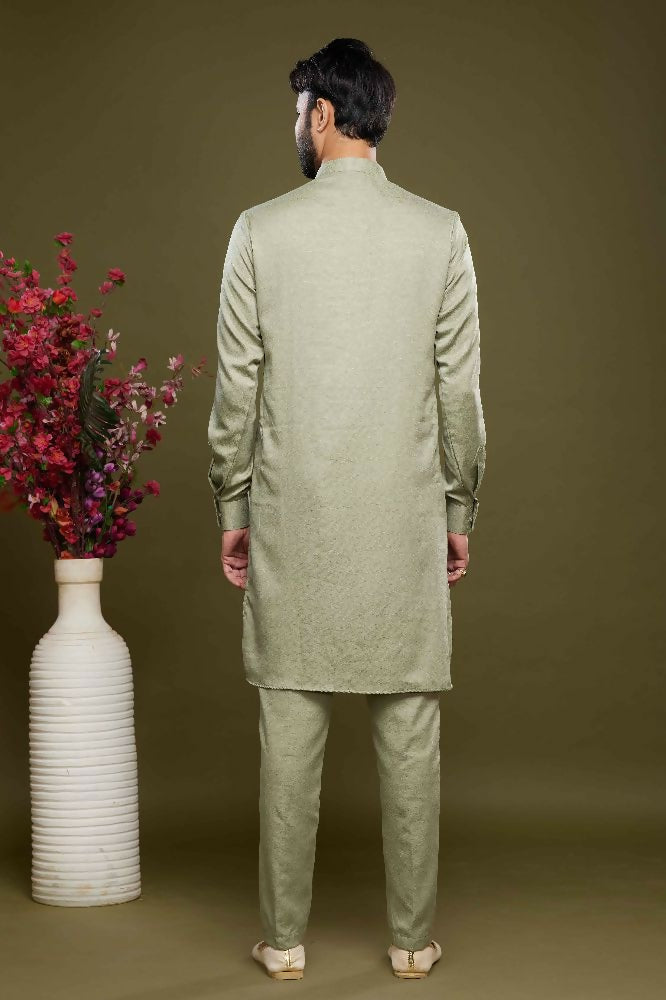 Raivat Ethnic Art Banarasi Silk Thread Work Kurta Pajama In Pista Green Colour | Grocsy