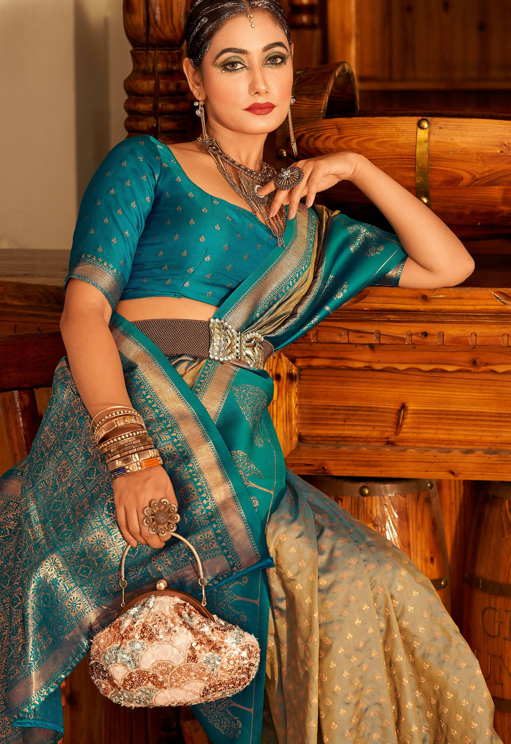 Beige Soft Banarasi Paithani Copper Zari Weaving Saree With Unstitched Blouse Piece - Jodha | Grocsy