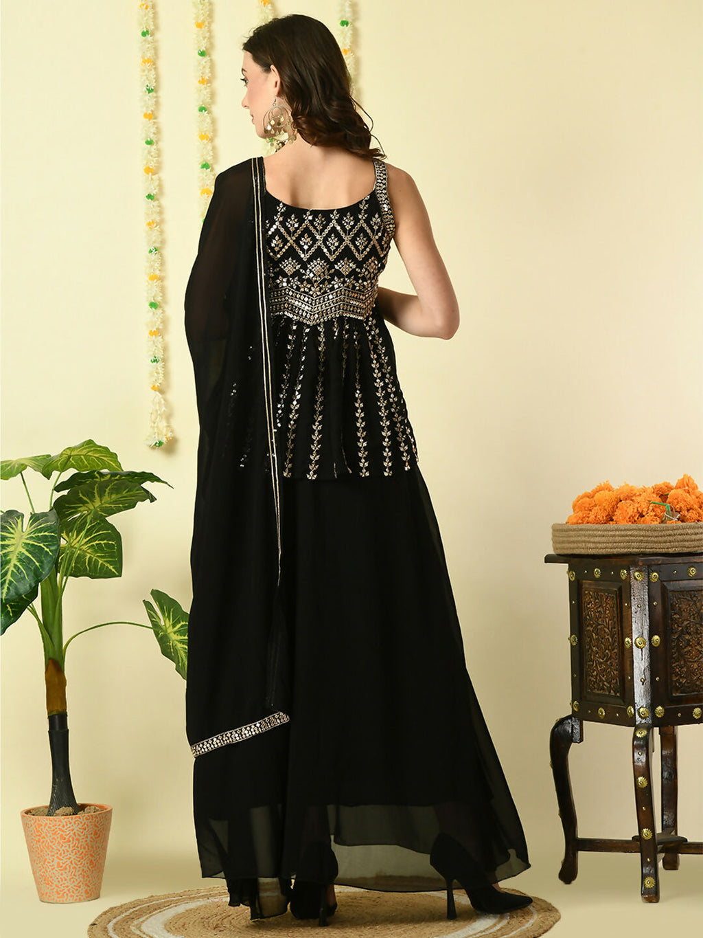 Myshka Women's Black Georgette Top & Skirt With Dupatta Party Sets | Grocsy