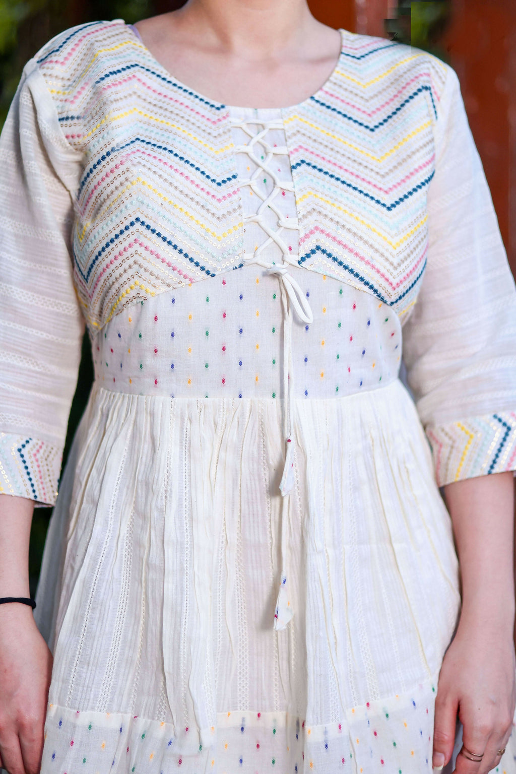 Aayaa Designer Multi Thread Hand Work Khadi Cotton One Piece Dress - Off White | Grocsy