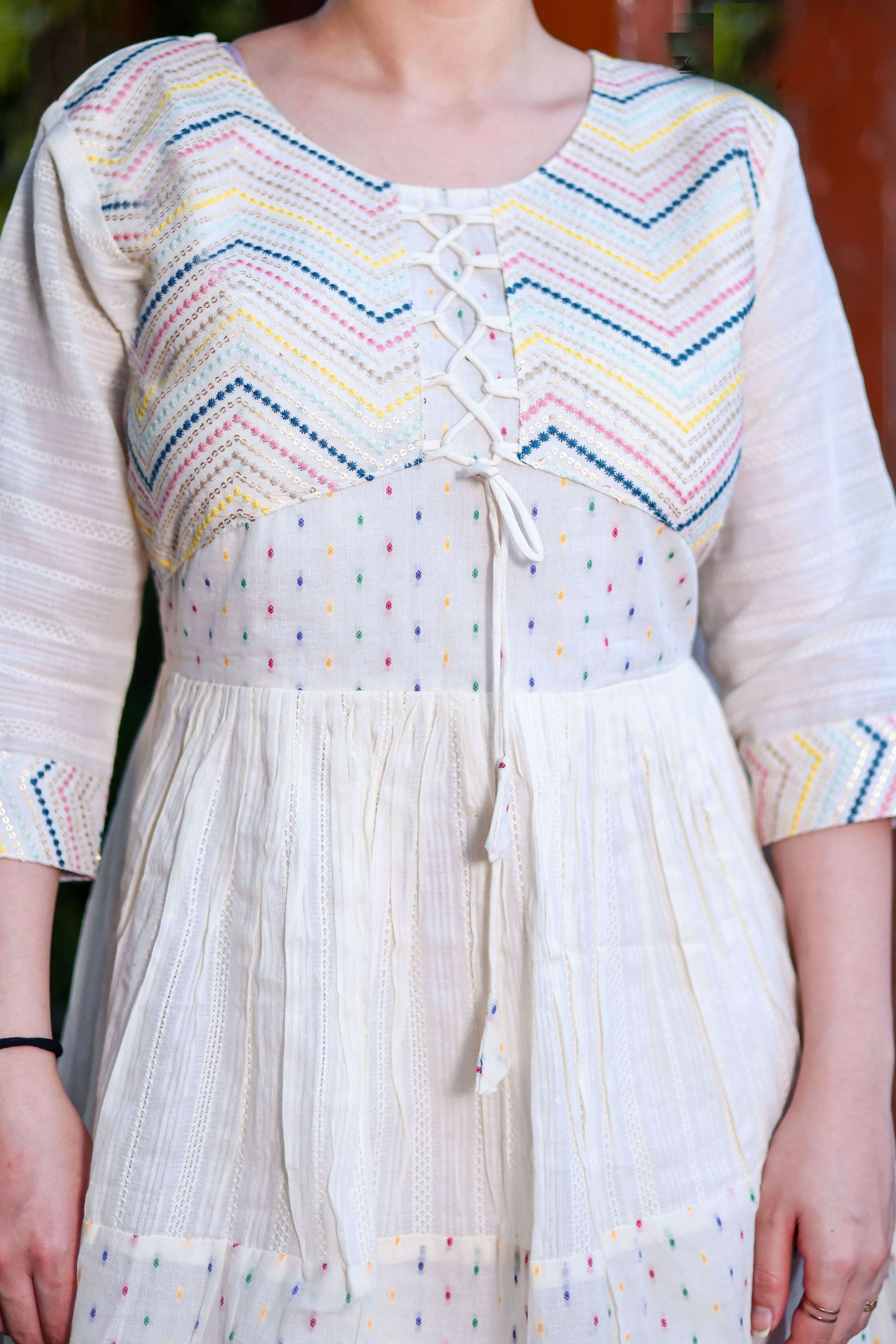 Aayaa Designer Multi Thread Hand Work Khadi Cotton One Piece Dress - Off White | Grocsy