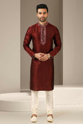 Raivat Ethnic Banarasi Art Silk Thread Work Kurta Pajama In Maroon Colour | Grocsy