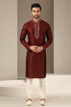 Raivat Ethnic Banarasi Art Silk Thread Work Kurta Pajama In Maroon Colour | Grocsy