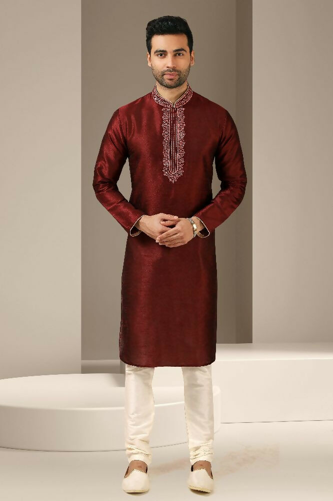 Raivat Ethnic Banarasi Art Silk Thread Work Kurta Pajama In Maroon Colour | Grocsy