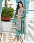 Vaasva Women's Teal Tissue Embroidered Suit Set With Solid Pant And Embroidered Dupatta | Grocsy