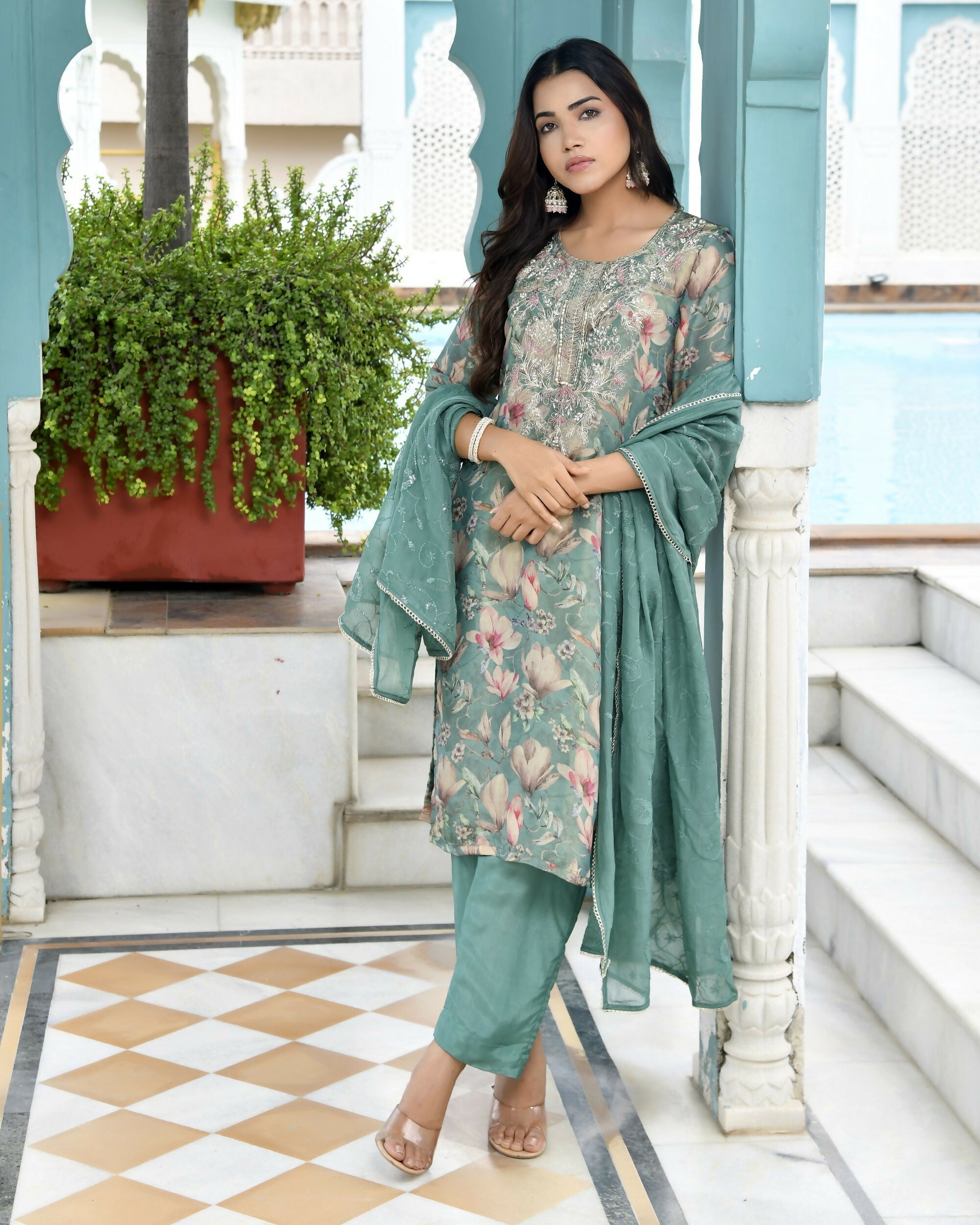 Vaasva Women's Teal Tissue Embroidered Suit Set With Solid Pant And Embroidered Dupatta | Grocsy