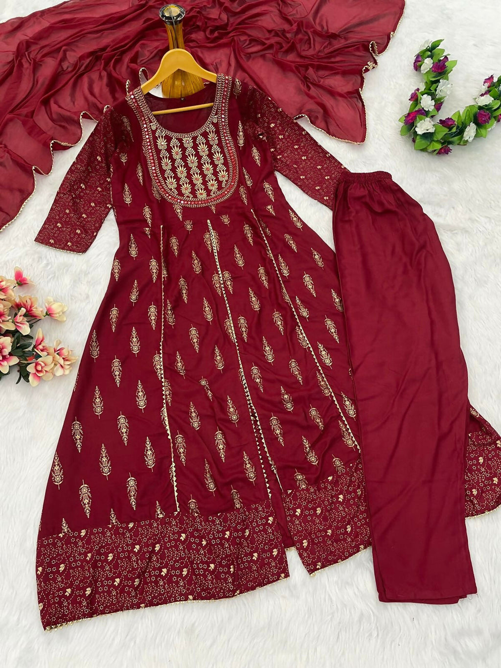 Teeya Creation Women's Maroon Fully Stitched Anarkali Kurta With Pant And Dupatta Set | Grocsy