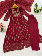 Teeya Creation Women's Maroon Fully Stitched Anarkali Kurta With Pant And Dupatta Set | Grocsy