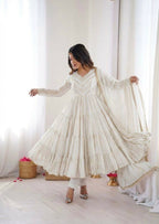 Teeya Creation White Color Mal Chanderi Silk Hand Embroidery Work Long Gown | Grocsy