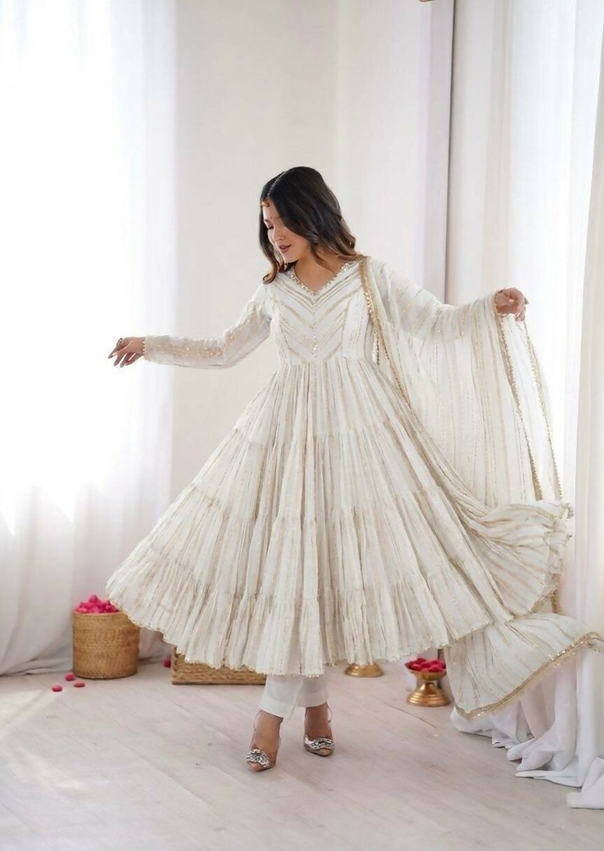 Teeya Creation White Color Mal Chanderi Silk Hand Embroidery Work Long Gown | Grocsy
