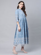 Ahalyaa Women Pastel Blue Pure Cotton Printed Kurta Pant Set With Dupatta | Grocsy