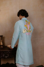 Falling Raw Silk Sea Green Vrindavan Lotus Kurta By Hilo Design | Grocsy