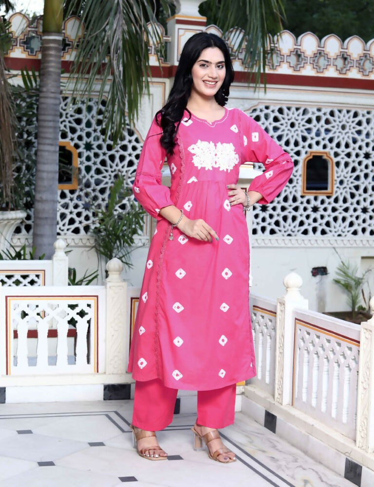 Miravan Women's Jaipuri Moti And Chikan Embroidered & Lace Embellished Pink Bandhani Printed Palazzo Set | Grocsy