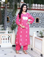 Miravan Women's Jaipuri Moti And Chikan Embroidered & Lace Embellished Pink Bandhani Printed Palazzo Set | Grocsy