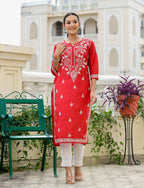 Kaajh Women's Red Chikhankari Embroidered Kurta Pant Set | Grocsy