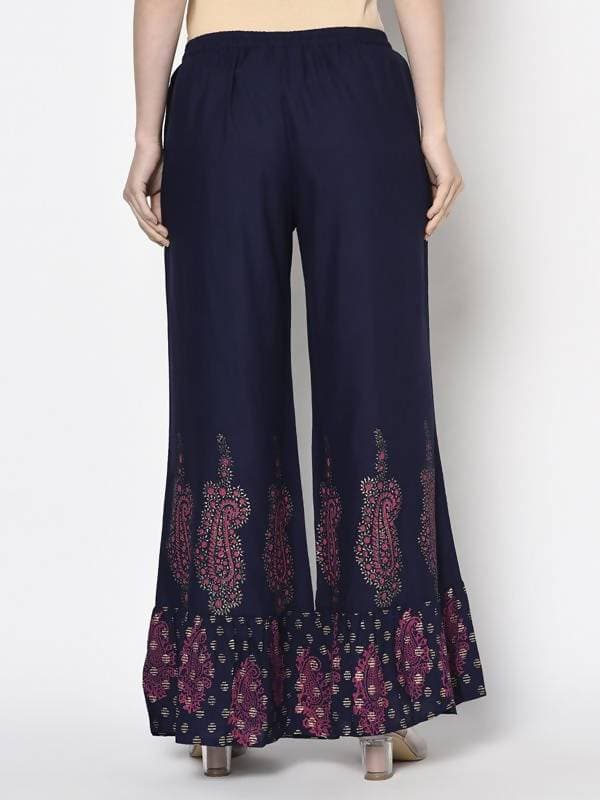 Aniyah Rayon Navy Blue Color Block Print Flared Slip-On Palazzo (AN-216K) | Grocsy