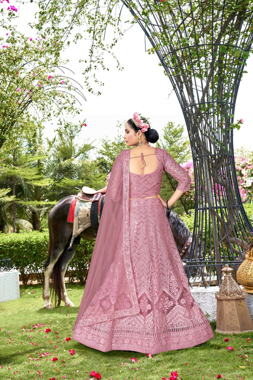Pink Net Embroidered Semi Stitched Lehenga Choli with Dupatta - Bhagya | Grocsy