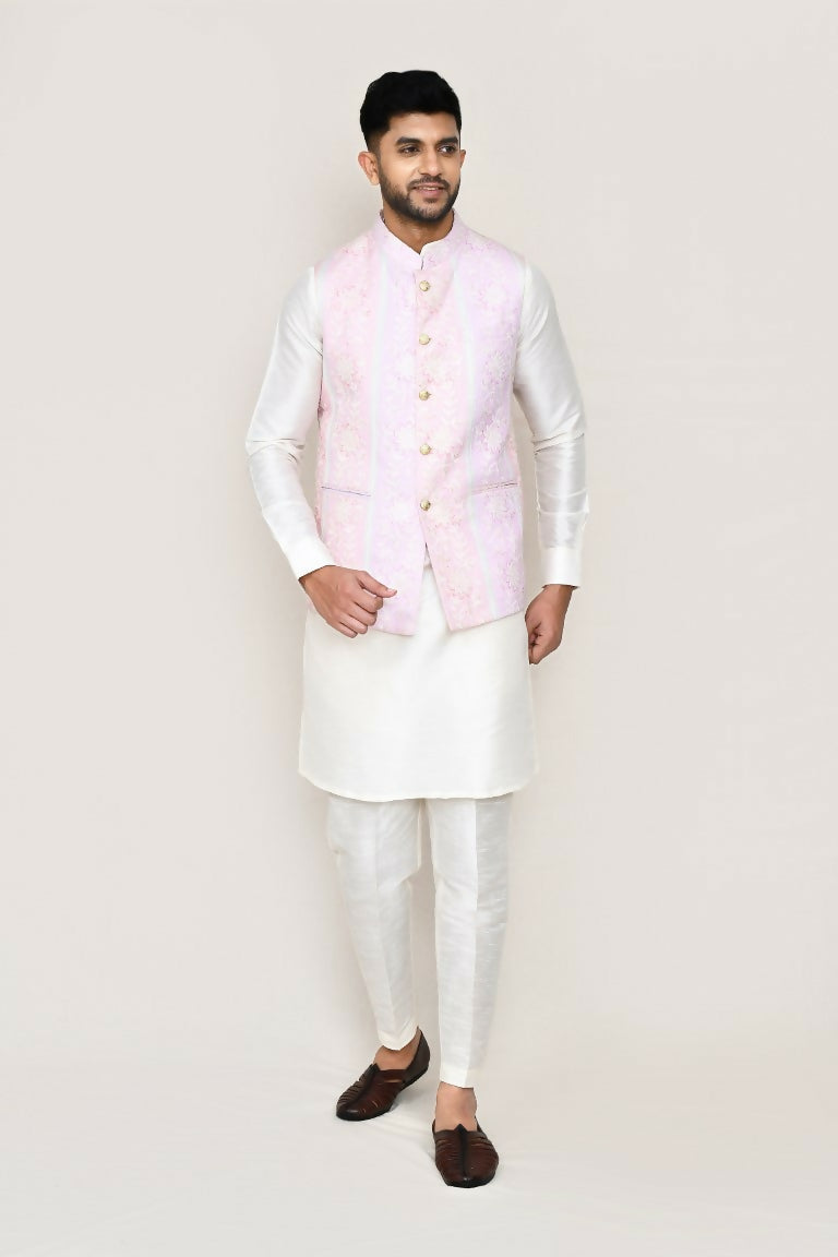 Joban Fashion White Colored Art Silk Fabric Kurta, Jacket With Straight Fit Pant | Grocsy