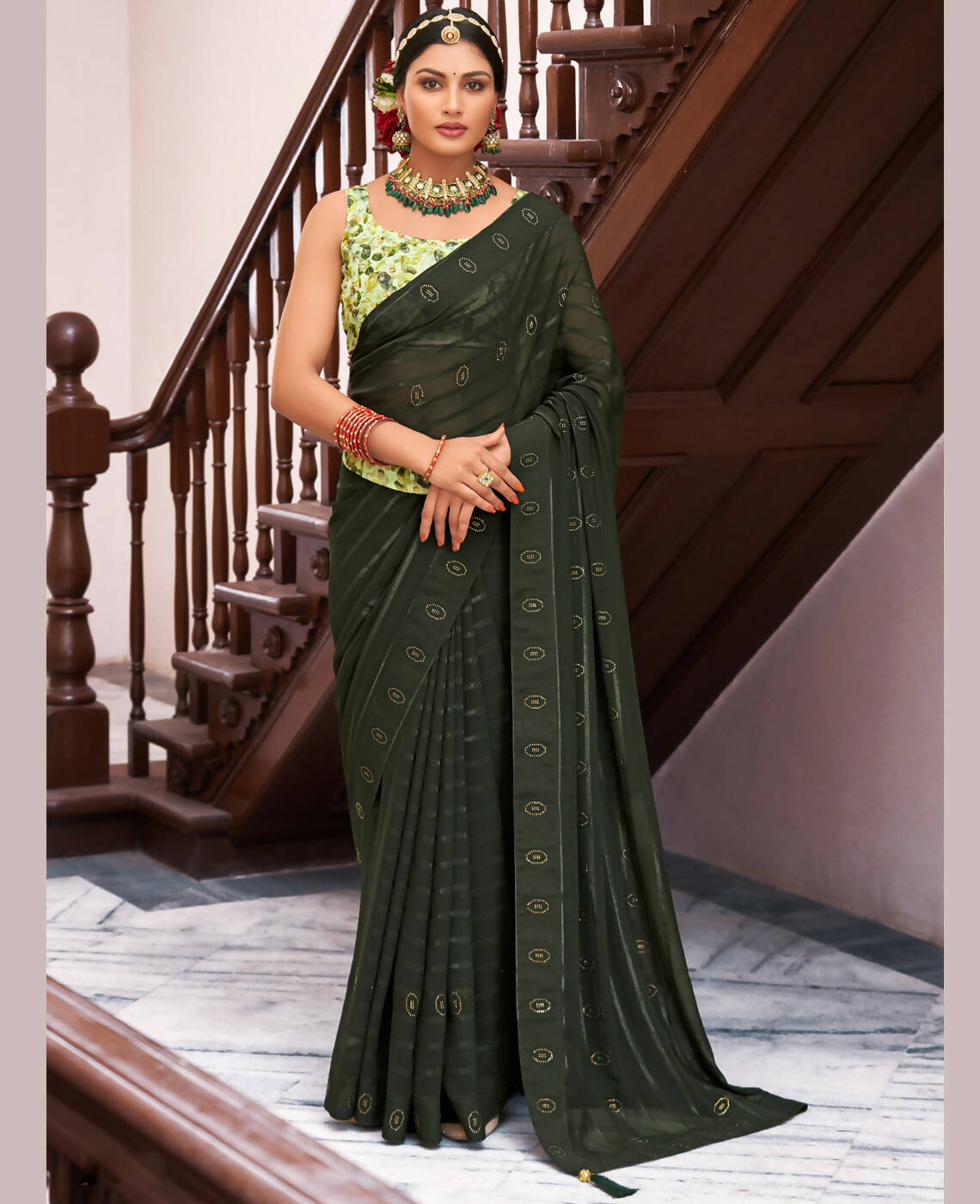 Green Georgette Swaroski Work Saree With Unstitched Blouse Piece - Juhi | Grocsy