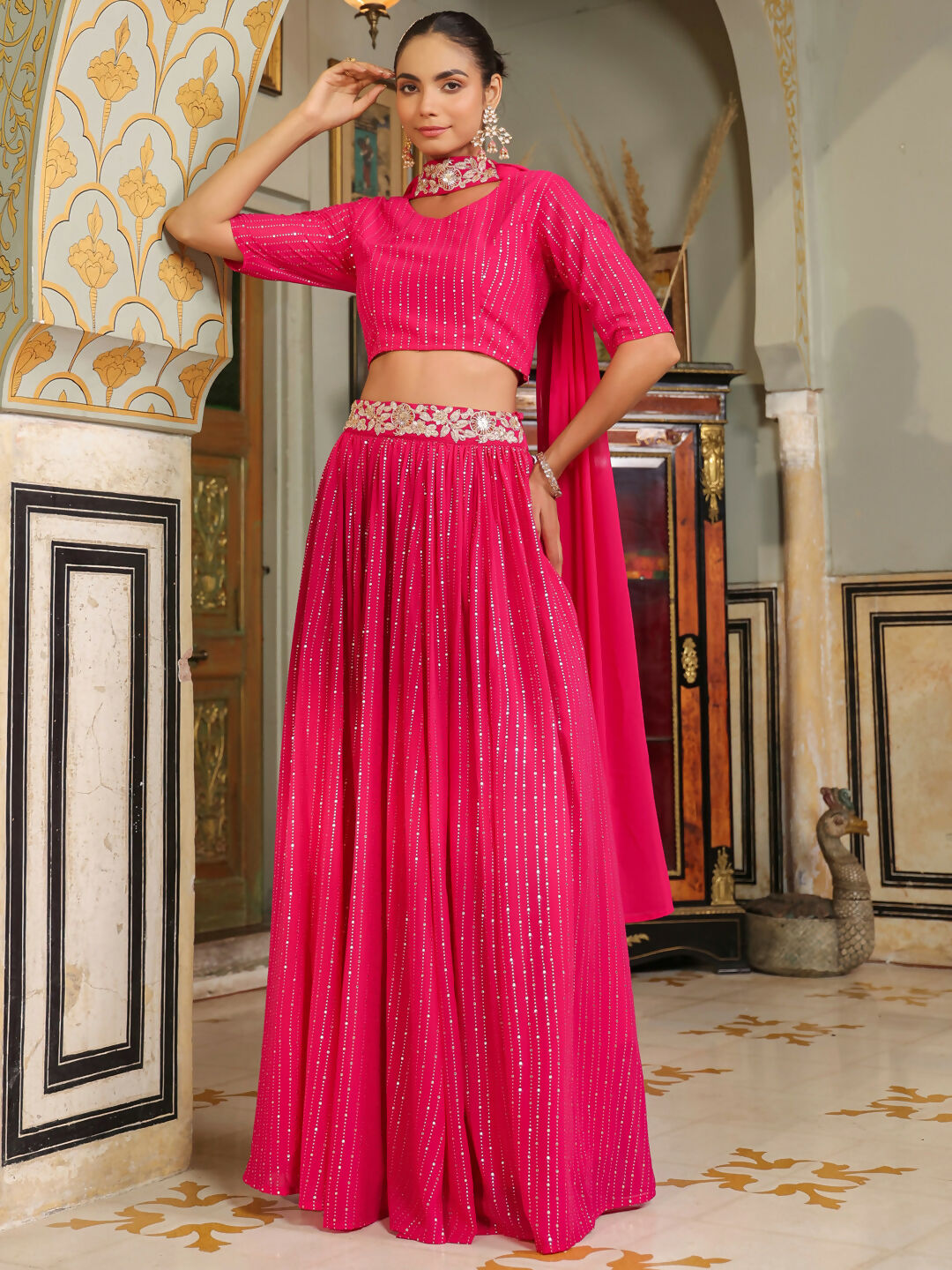 Janasya Pink Georgette Foil Print Lehenga Choli Dupatta | Grocsy