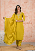 Ethnic Festive Wear Chanderi Yellow Stitched Suit With Dupatta - Anbazaar | Grocsy