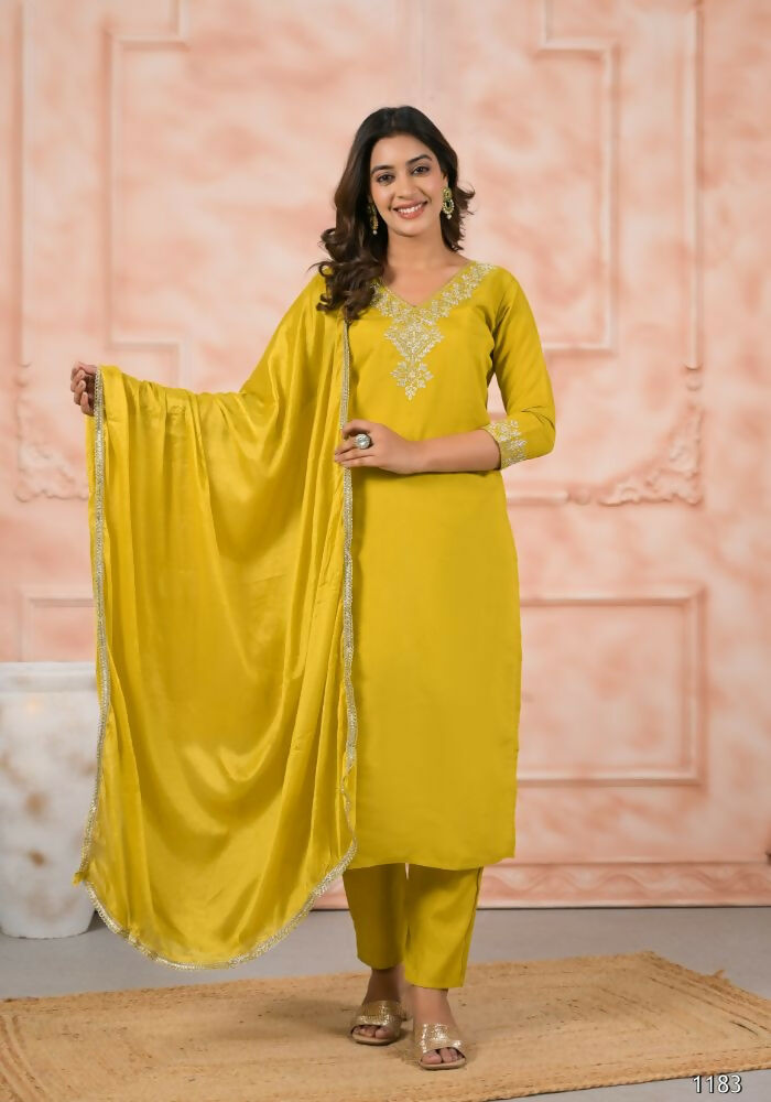Ethnic Festive Wear Chanderi Yellow Stitched Suit With Dupatta - Anbazaar | Grocsy