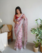 Vamsee Ferry Baby Pink Organza Saree | Grocsy