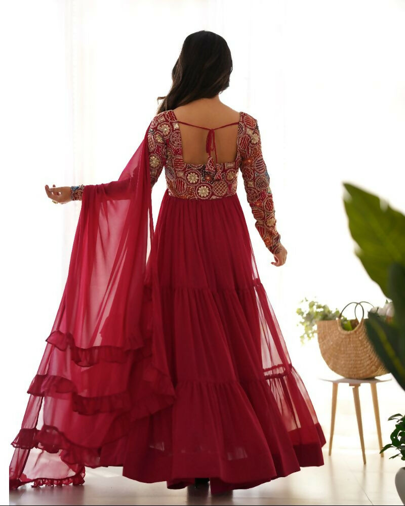 Teeya Creation Maroon Color Faux Georgette Heavy Multi Thread Work Functional Wear Gown | Grocsy