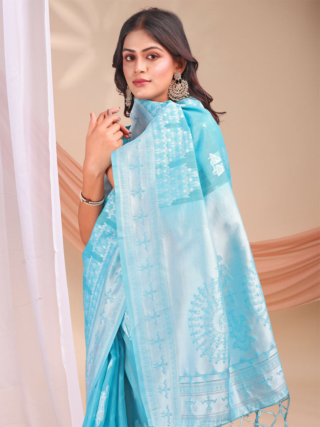 Shree Shyam Fashion Varnika Sky Blue Linen Cotton Saree | Grocsy