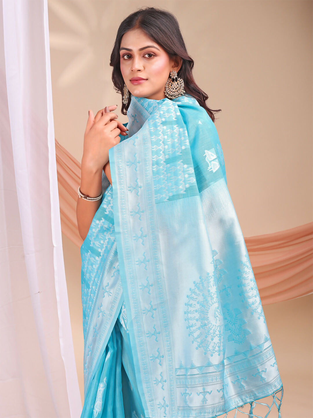 Shree Shyam Fashion Varnika Sky Blue Linen Cotton Saree | Grocsy