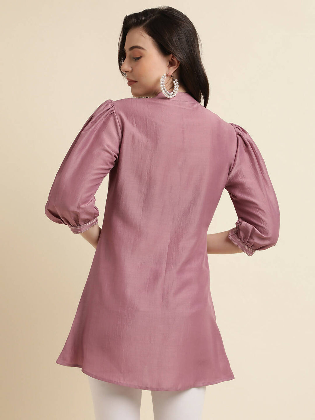 Dust Pink Chinon Yoke Embroidered A-line Top - Tarini | Grocsy