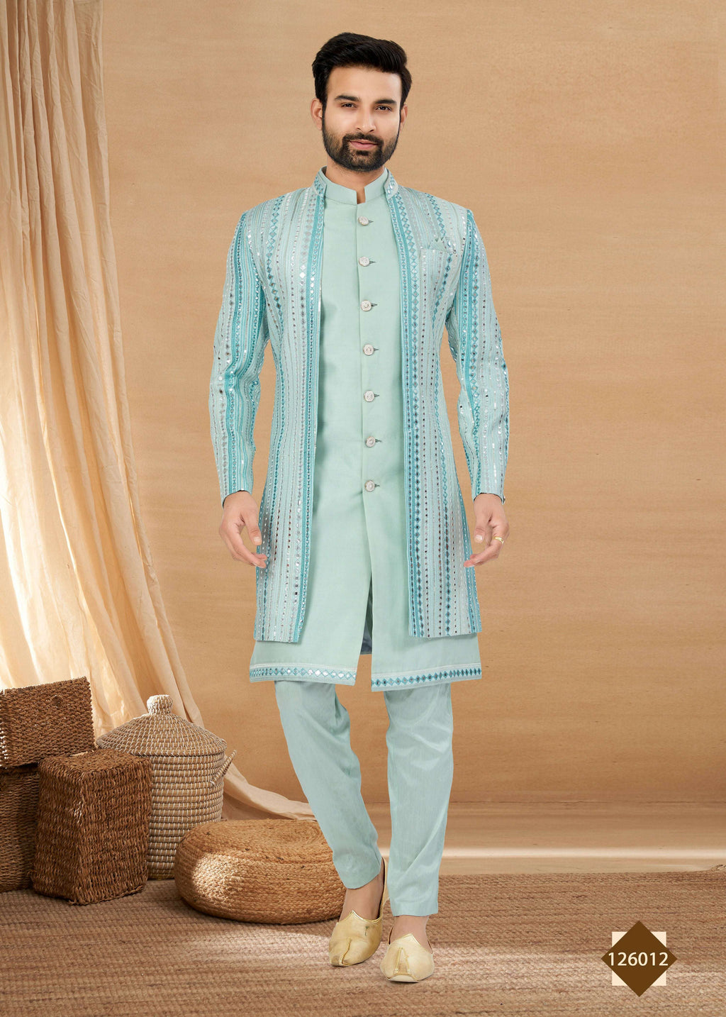 Joban Fashion Men's Sky Blue Heavy Art Silk Double Finish Plain Indowestern | Grocsy