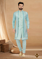 Joban Fashion Men's Sky Blue Heavy Art Silk Double Finish Plain Indowestern | Grocsy