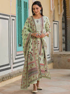 Juniper Women's Lime Green Cambric Floral Placement Printed Straight Fit Kurta Sets | Grocsy