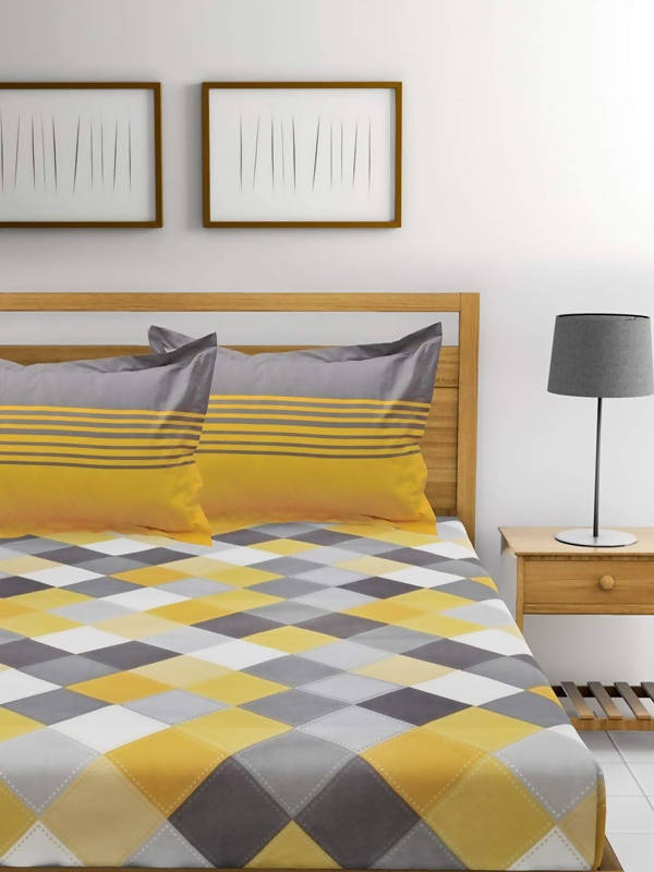 Vamika Printed Cotton Yellow & Multicolor Bedsheet With Pillow Covers (LEOC_CHECK_Y) | Grocsy